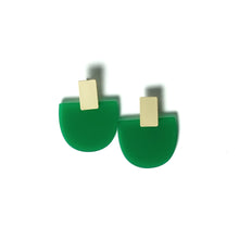 Load image into Gallery viewer, Iris Green Acetate w/Wide Matte Gold Bar Studs Earrings
