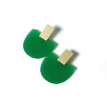 Load image into Gallery viewer, Iris Green Acetate w/Wide Matte Gold Bar Studs Earrings
